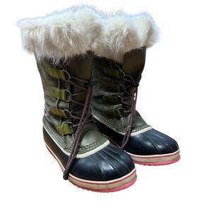 Sorel Joan of Arctic Waterproof Suede Faux Fur Green Pink Snow Boots Size 7